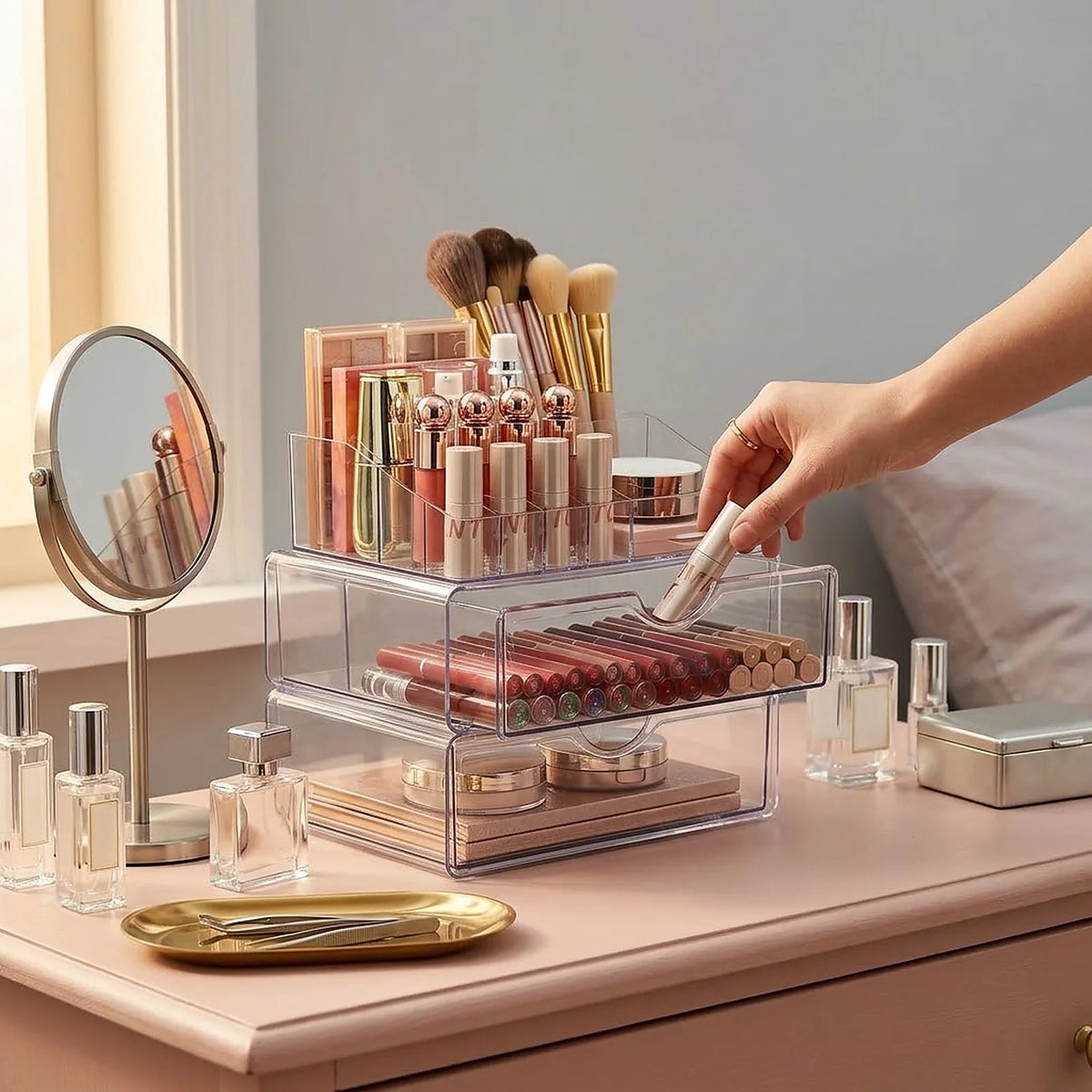 Zoyiancy 2 Pack Clear Makeup Organizer Set with 2 Drawers, 3 Tier Vanity Storage and Divided Top Compartment, Space-Saving Countertop Display for Beauty