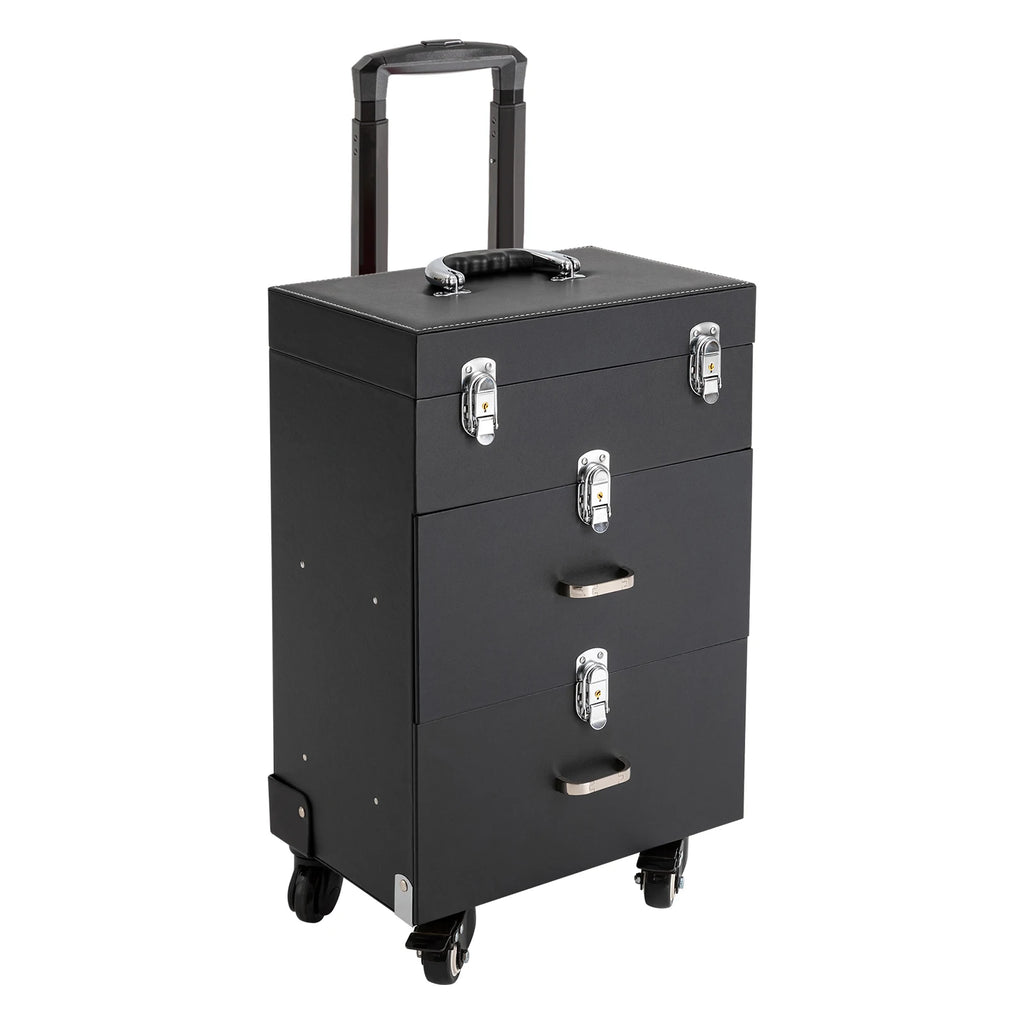 Portable Rolling Makeup Train Case Aluminum Makeup Travel Organizer Cosmetic Case  Lockable for Artist Hairstylists, Black