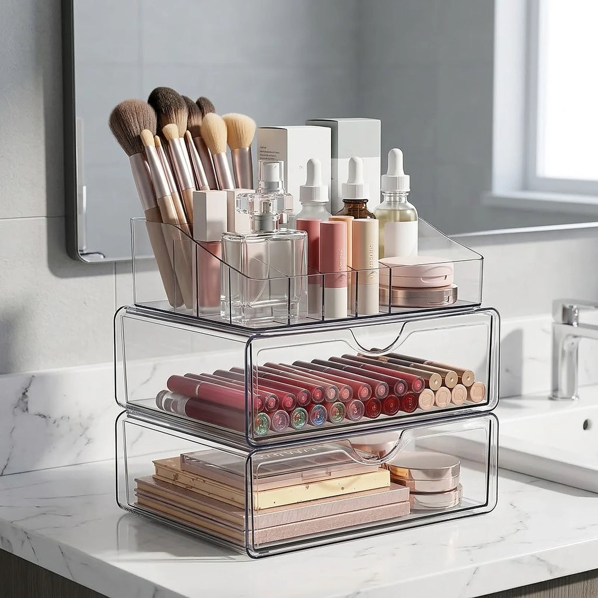 Zoyiancy 2 Pack Clear Makeup Organizer Set with 2 Drawers, 3 Tier Vanity Storage and Divided Top Compartment, Space-Saving Countertop Display for Beauty