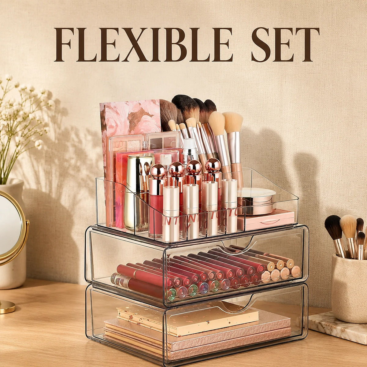 Zoyiancy 2 Pack Clear Makeup Organizer Set with 2 Drawers, 3 Tier Vanity Storage and Divided Top Compartment, Space-Saving Countertop Display for Beauty
