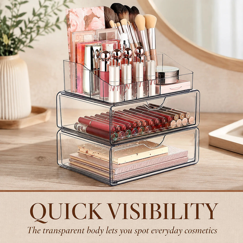 Zoyiancy 2 Pack Clear Makeup Organizer Set with 2 Drawers, 3 Tier Vanity Storage and Divided Top Compartment, Space-Saving Countertop Display for Beauty