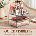 Zoyiancy 2 Pack Clear Makeup Organizer Set with 2 Drawers, 3 Tier Vanity Storage and Divided Top Compartment, Space-Saving Countertop Display for Beauty