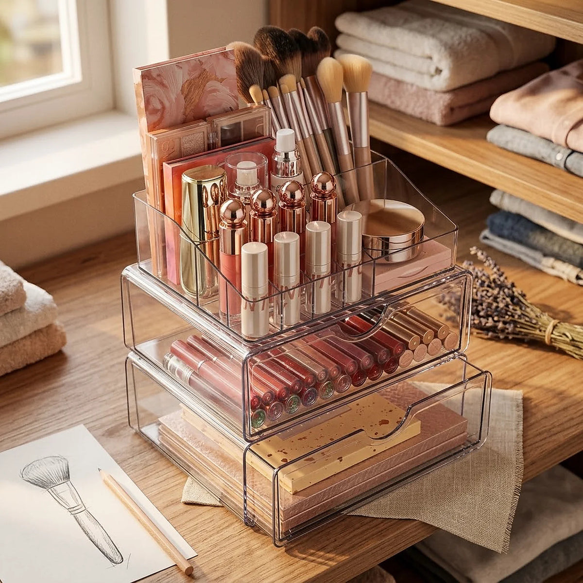 Zoyiancy 2 Pack Clear Makeup Organizer Set with 2 Drawers, 3 Tier Vanity Storage and Divided Top Compartment, Space-Saving Countertop Display for Beauty