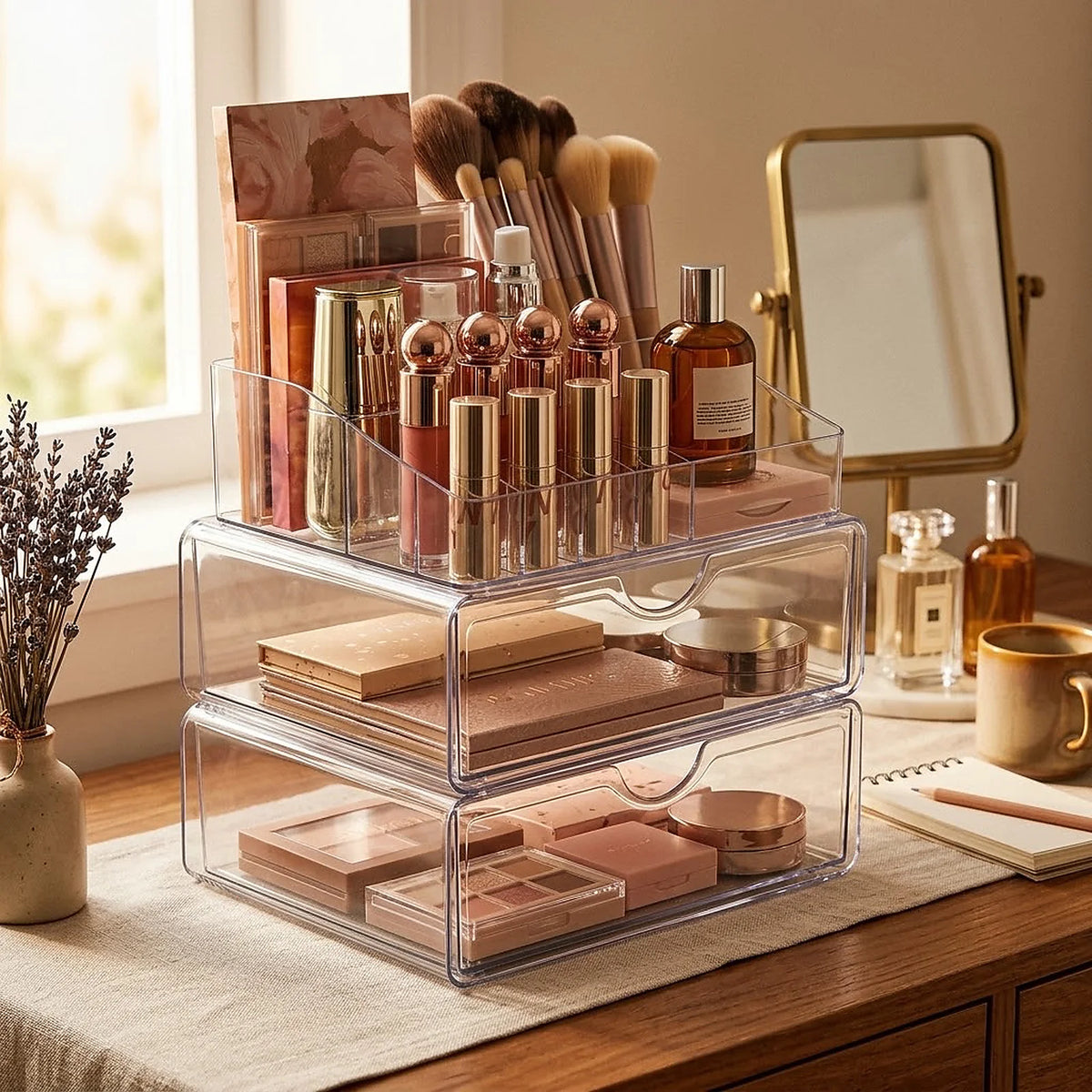 Zoyiancy 2 Pack Clear Makeup Organizer Set with 2 Drawers, 3 Tier Vanity Storage and Divided Top Compartment, Space-Saving Countertop Display for Beauty