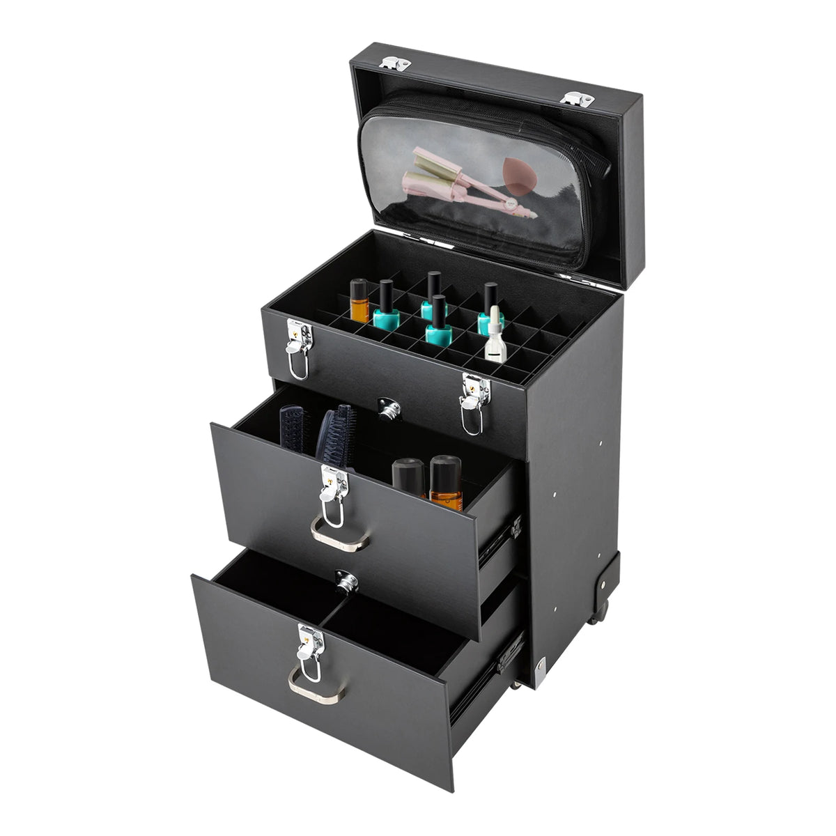 Portable Rolling Makeup Train Case Aluminum Makeup Travel Organizer Cosmetic Case  Lockable for Artist Hairstylists, Black