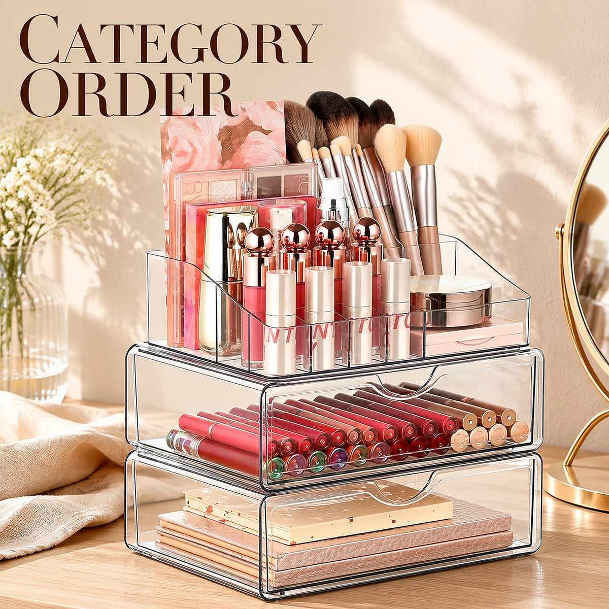Zoyiancy 2 Pack Clear Makeup Organizer Set with 2 Drawers, 3 Tier Vanity Storage and Divided Top Compartment, Space-Saving Countertop Display for Beauty