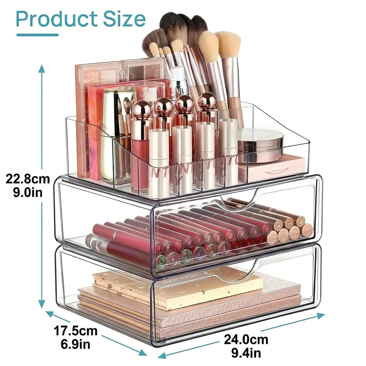 Zoyiancy 2 Pack Clear Makeup Organizer Set with 2 Drawers, 3 Tier Vanity Storage and Divided Top Compartment, Space-Saving Countertop Display for Beauty